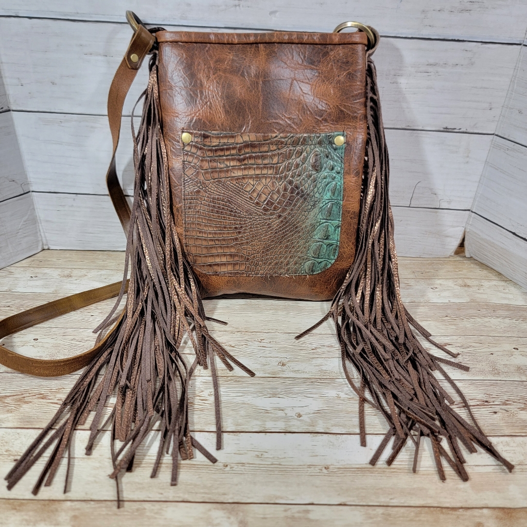 Brown Fringe Crossbody Bag With Croc-Embossed Accent *Read*